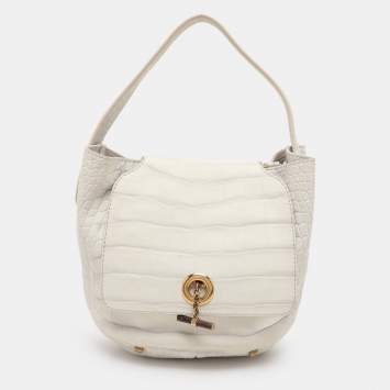 Pre Owned Yves Saint Laurent White Nubuck Croc Embossed Leather Capri Flap Shoulder Bag