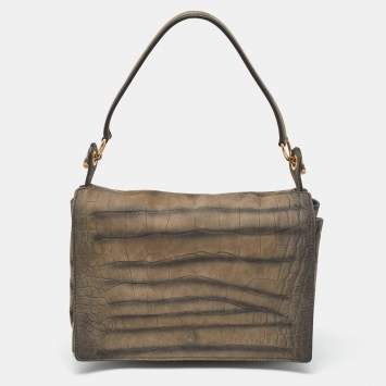 Pre Owned Yves Saint Laurent Grey Croc Embossed Nubuck Leather Shoulder Bag