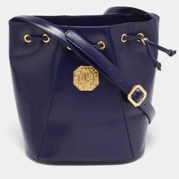 Pre Owned Yves Saint Laurent Blue Leather Vintage Drawstring Bucket Bag