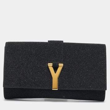 Pre Owned Yves Saint Laurent Black Metallic Glitter Suede Y Line Flap Clutch