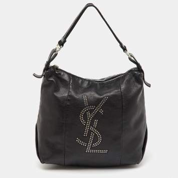 Pre Owned Yves Saint Laurent Black Leather Logo Studded Hobo