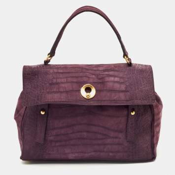 Pre Owned Yves Saint Laurent Purple Croc Embossed Leather and Suede Muse Two Top Handle Bag