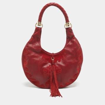 Pre Owned Yves Saint Laurent Red Leather and Suede Tassel Hobo