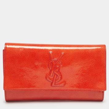 Pre Owned Yves Saint Laurent Orange Patent Leather Belle De Jour Flap Clutch