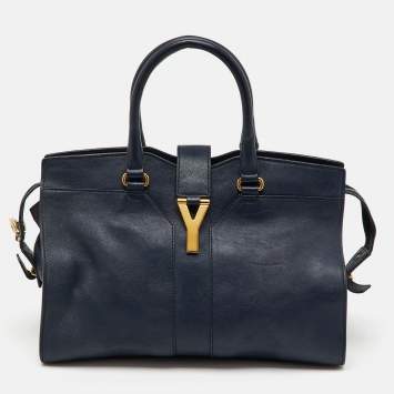 Pre Owned Yves Saint Laurent Navy Blue Leather Medium Cabas Y-Ligne Tote