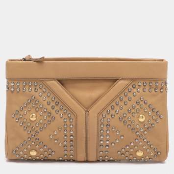 Pre Owned Yves Saint Laurent Beige Leather Studded Clutch