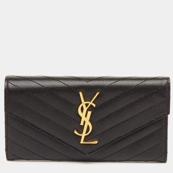 Pre Owned Saint Laurent Monogram Large Black Matelassé Leather Cassandre Flap Wallet