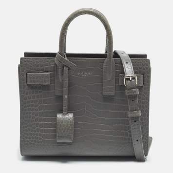 Pre Owned Saint Laurent Classic Sac De Jour Nano Grey Croc Embossed Leather Tote