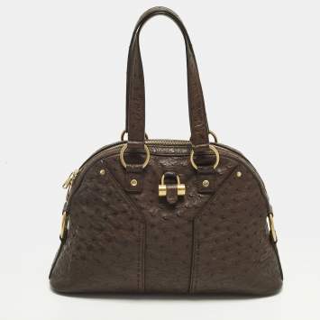 Pre Owned Yves Saint Laurent Muse Dark Brown Ostrich Bag