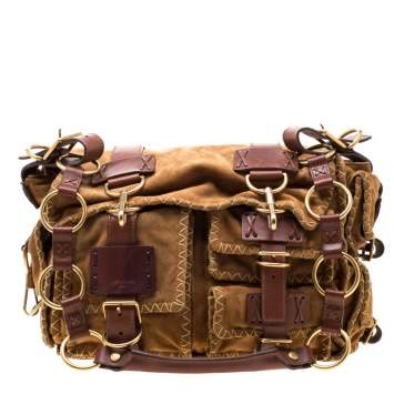 Pre Owned Yves Saint Laurent Brown Stitches Suede And Leather Shoulder Bag