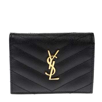 Pre Owned Saint Laurent Paris Black Matelasse Leather Monogram Compact Wallet