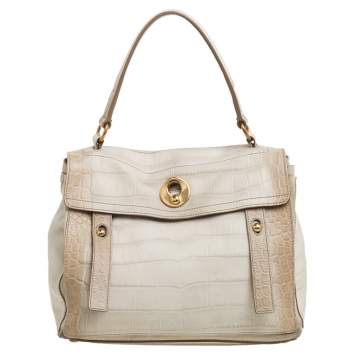Pre Owned Yves Saint Laurent Cream Croc Embossed Leather Medium Muse Two Satchel
