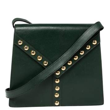 Pre Owned Yves Saint Laurent Green Leather Y Studded Flap Shoulder Bag