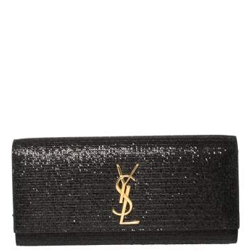 Pre Owned Saint Laurent Black Glitter Fabric Cassandre Clutch