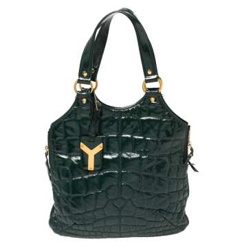 Pre Owned Yves Saint Laurent Green Croc Embossed Patent Leather Tribute Tote