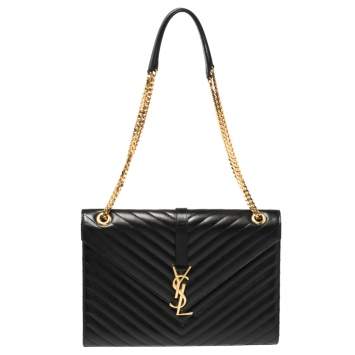 Pre Owned Saint Laurent Black Chevron Quilted Leather Monogram Envelope Shoulder Bag