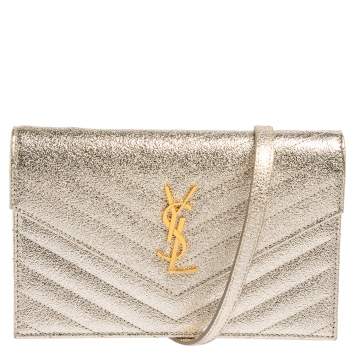 Pre Owned Saint Laurent Metallic Gold Matelasse Leather Monogram Envelope Wallet on Chain