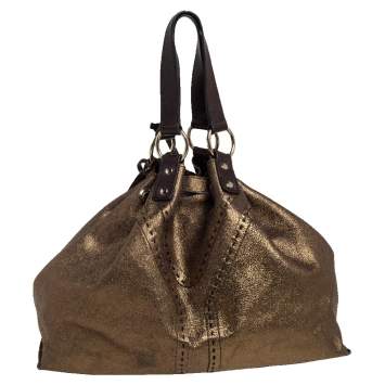 Pre Owned Yves Saint Laurent Gold/Dark Brown Leather Reversible Double Sac Y Tote
