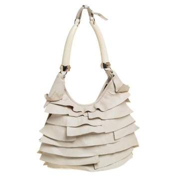 Pre Owned Yves Saint Laurent Off White Ruffle Leather St Tropez Horn Hobo