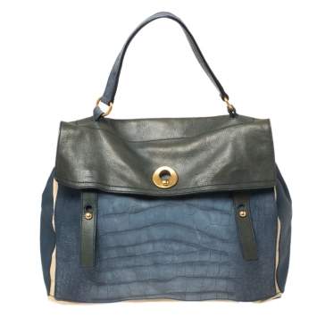 Pre Owned Yves Saint Laurent Tri Color Croc Embossed Leather and Canvas Large Muse Two Top Handle Bag