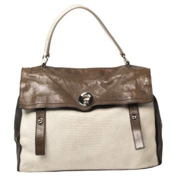 Pre Owned Yves Saint Laurent Tricolor Lizard Embossed Leather and Suede Large Muse Two Top Handle Bag