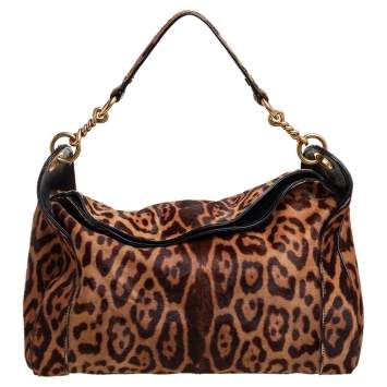 Pre Owned Yves Saint Laurent Brown Leopard Print Calfhair Chain Hobo