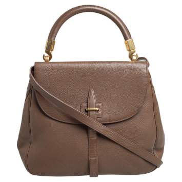 Pre Owned Yves Saint Laurent Dark Beige Leather Flap Top Handle Bag