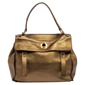 Pre Owned Yves Saint Laurent Metallic Gold Leather and Suede Medium Muse Top Handle Bag