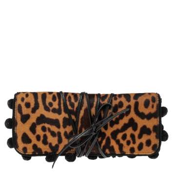 Pre Owned Yves Saint Laurent Brown/Beige Leopard Print Pony Hair Flap Clutch