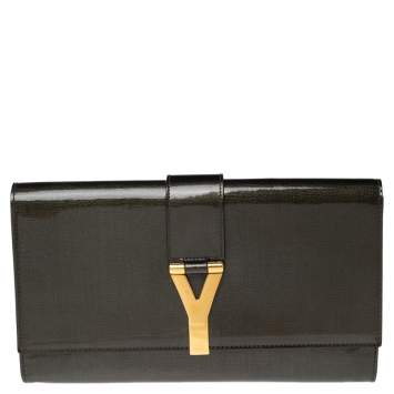 Pre Owned Yves Saint Laurent Olive Green Patent Leather Y-Ligne Clutch