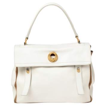Pre Owned Yves Saint Laurent White/Brown Leather And Suede Muse Two Top Handle Bag