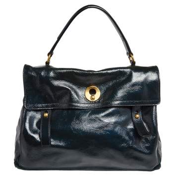 Pre Owned Yves Saint Laurent Deep Green Patent Leather and Suede Large Muse Two Bag