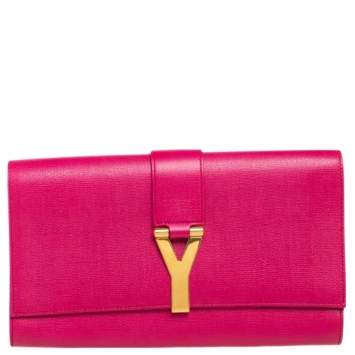 Pre Owned Yves Saint Laurent Fuchsia Leather Y-Ligne Clutch
