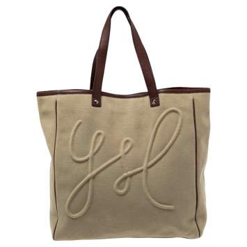 Pre Owned Yves Saint Laurent Brown/Beige Canvas and Leather Trim Charms Tote