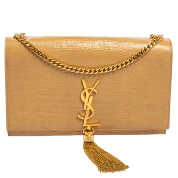 Pre Owned Saint Laurent Beige Lizard Embossed Leather Medium Kate Monogram Tassel Shoulder Bag