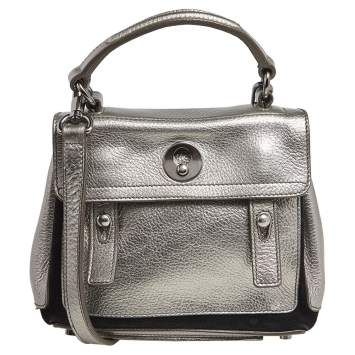 Pre Owned Yves Saint Laurent Metallic Grey Leather Mini Muse Two Top Handle Bag