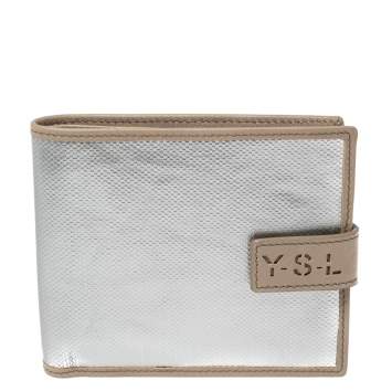 Pre Owned Yves Saint Laurent Silver/Beige Leather Bifold Wallet
