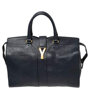 Pre Owned Yves Saint Laurent Navy Blue Leather Large Y Cabas Chyc Tote