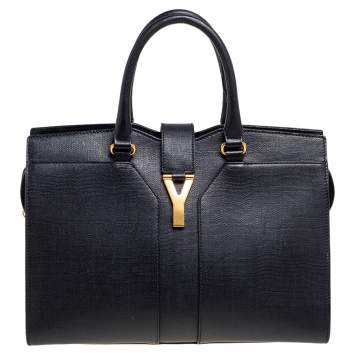 Pre Owned Yves Saint Laurent Black Leather Medium Cabas Y-Ligne Tote