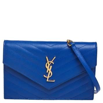 Pre Owned Saint Laurent Blue Matelassé Leather Monogram Envelope Wallet on Chain