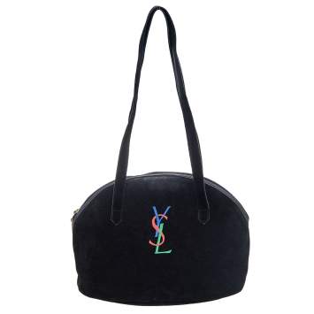 Pre Owned Yves Saint Laurent Black Suede And Leather YSL Embroidered Satchel