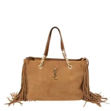Pre Owned Saint Laurent Brown Suede Fringe Monogram Tote