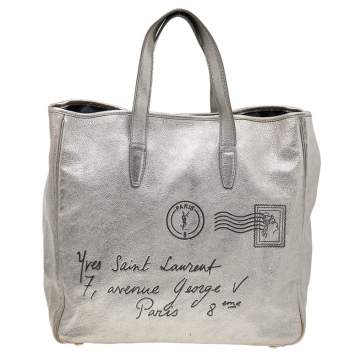 Pre Owned Yves Saint Laurent Metallic Silver Leather Large Y Mail Tote