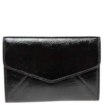 Pre Owned Yves Saint Laurent Black Patent Leather Flap Compact Wallet