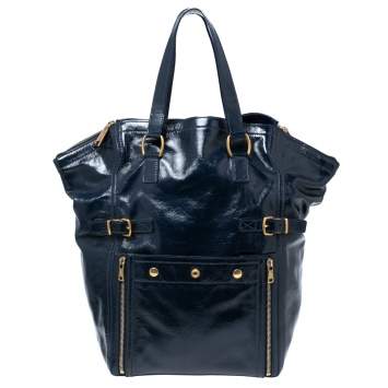 Pre Owned Yves Saint Laurent Navy Blue Patent Leather Downtown Tote