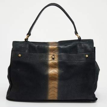 Pre Owned Yves Saint Laurent Black/Gold Leather And Suede Large Muse Two Top Handle Bag