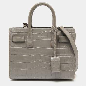 Pre Owned Saint Laurent Grey Croc Embossed Leather Nano Classic Sac De Jour Tote