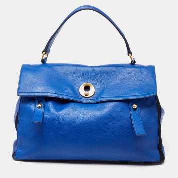 Pre Owned Yves Saint Laurent Blue/Black Leather and Canvas Large Muse Two Top Handle Bag