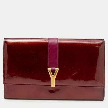 Pre Owned Yves Saint Laurent Burgundy/Purple Patent and Leather Y-Ligne Travel Wallet