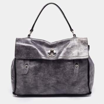 Pre Owned Yves Saint Laurent Grye/Black Glossy Leather and Suede Medium Muse Two Top Handle Bag